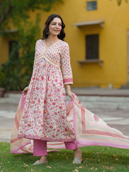 Dhiyona RR Women's Ethnic Motifs Printed Pure Cotton Kurta with Trousers & Dupatta