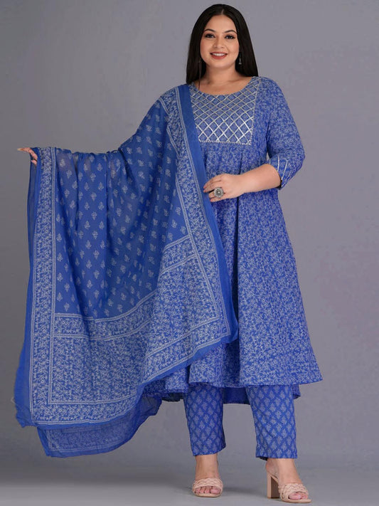 Dhiyona KL Ethnic Motifs Printed Gotta Patti Pure Cotton Kurta with Trousers & Dupatta