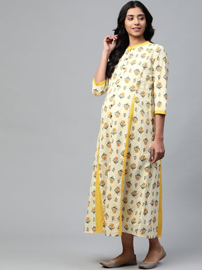 Dhiyona AY Women's Yellow Block Print Pure Cotton Maxi Nursing Dress