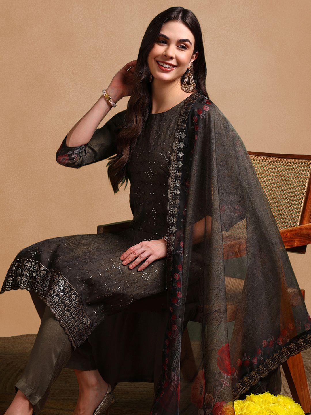 Dhiyona KL Floral Printed Sequinned Straight Organza Kurta with Trousers & Dupatta