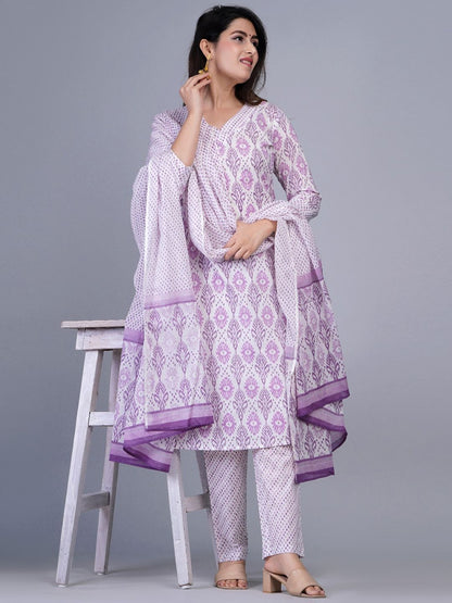 Dhiyona KL Ethnic Motifs Printed Straight Pure Cotton Kurta & Trousers With Dupatta
