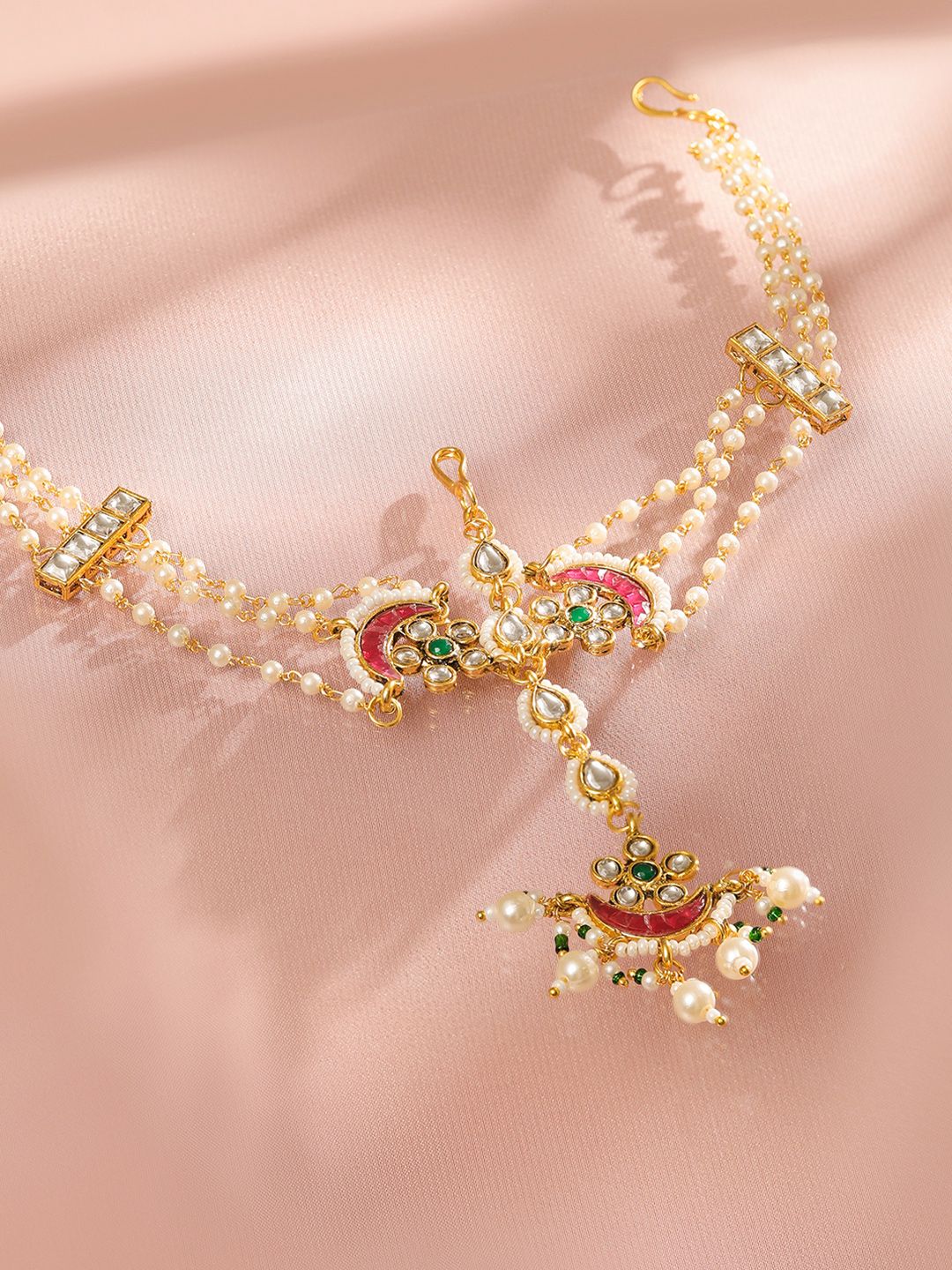 Dhiyona RJ Women's 22K Gold Plated Kundan & Pearl Studded Multi Strand Bridal Mattha Patti Headpiece