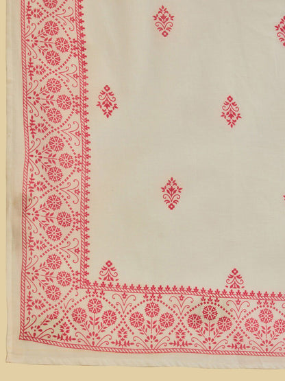 Dhiyona SO Women's White & Pink Floral Printed Pure Cotton Straight Kurta With Trousers & Dupatta