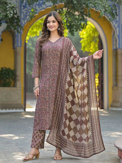 Dhiyona KL Floral Printed V Neck Gotta Patti Straight Kurta With Trousers & Dupatta