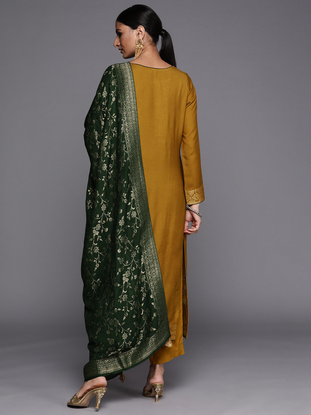 Women Mustard Yellow Floral Pashmina Wool Kurta with Trousers & With Dupatta
