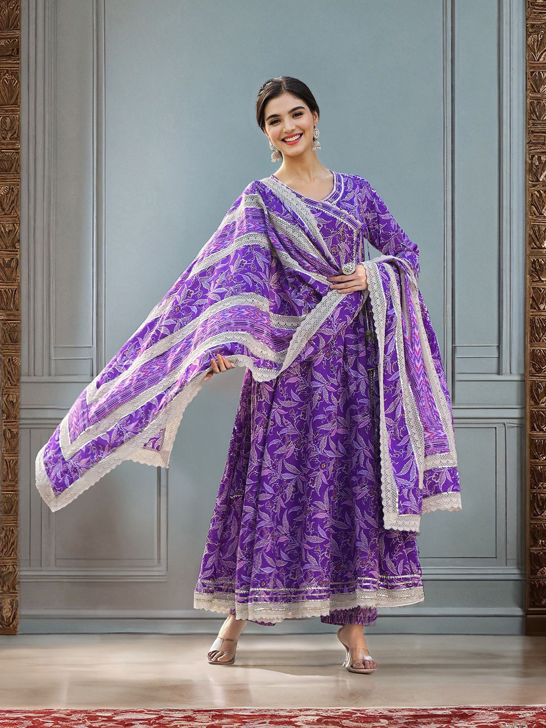 Dhiyona IS Women's Floral Printed Angrakha Thread Work Pure Cotton Kurta with Trousers & Dupatta