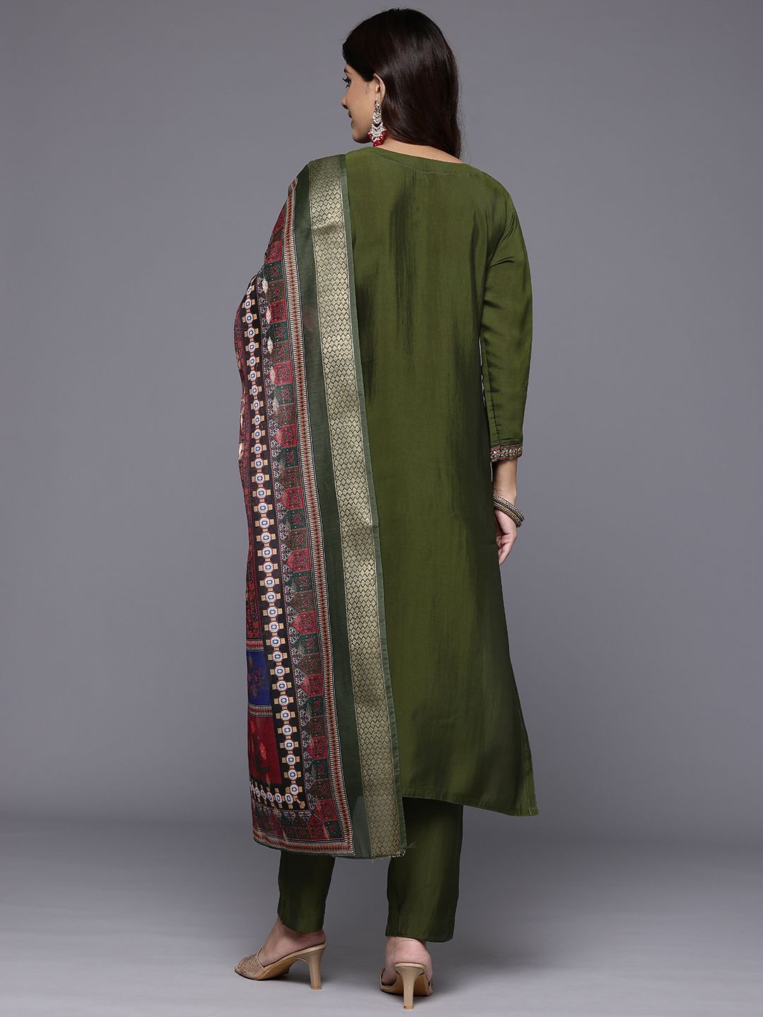 Olive Thread & Zari Embroidered Kurta with Trouser & Ethnic Printed Dupatta