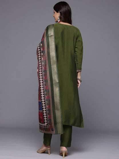 Olive Thread & Zari Embroidered Kurta with Trouser & Ethnic Printed Dupatta