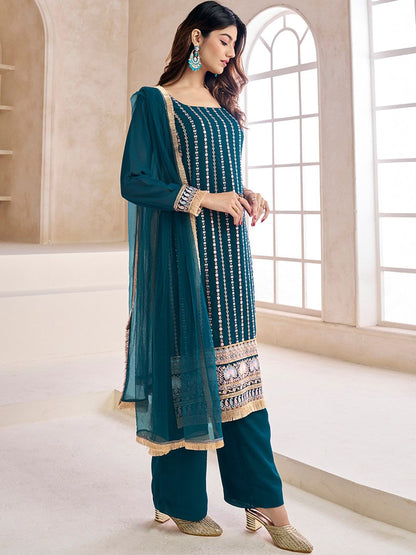 Dhiyona IN Teal Striped Embroidered Beads & Stones Straight Kurta & Palazzos With Dupatta
