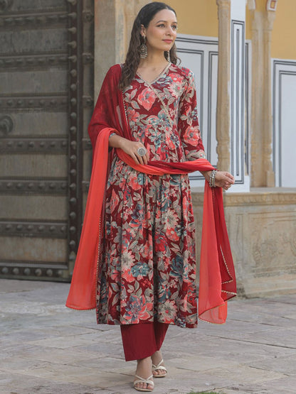 Dhiyona RR Women's Floral Printed V-Neck Gotta Patti A-Line Kurta & Trousers With Dupatta