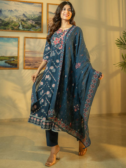 Floral Printed Beads & Stones Pure Cotton A-Line Kurta With Trousers & Dupatta