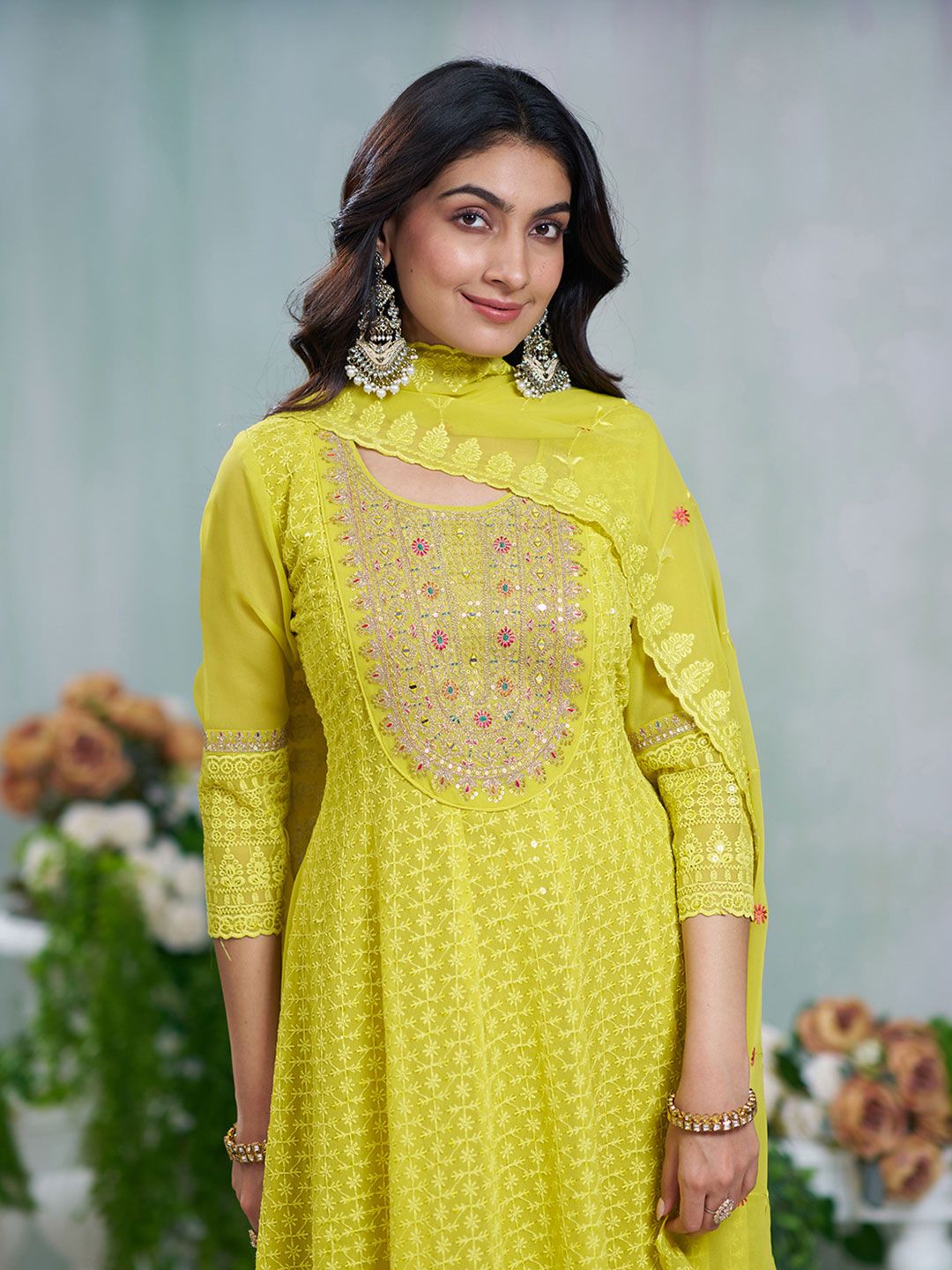Dhiyona CH Women Embroidered Schiffli Anarkali Kurta Set