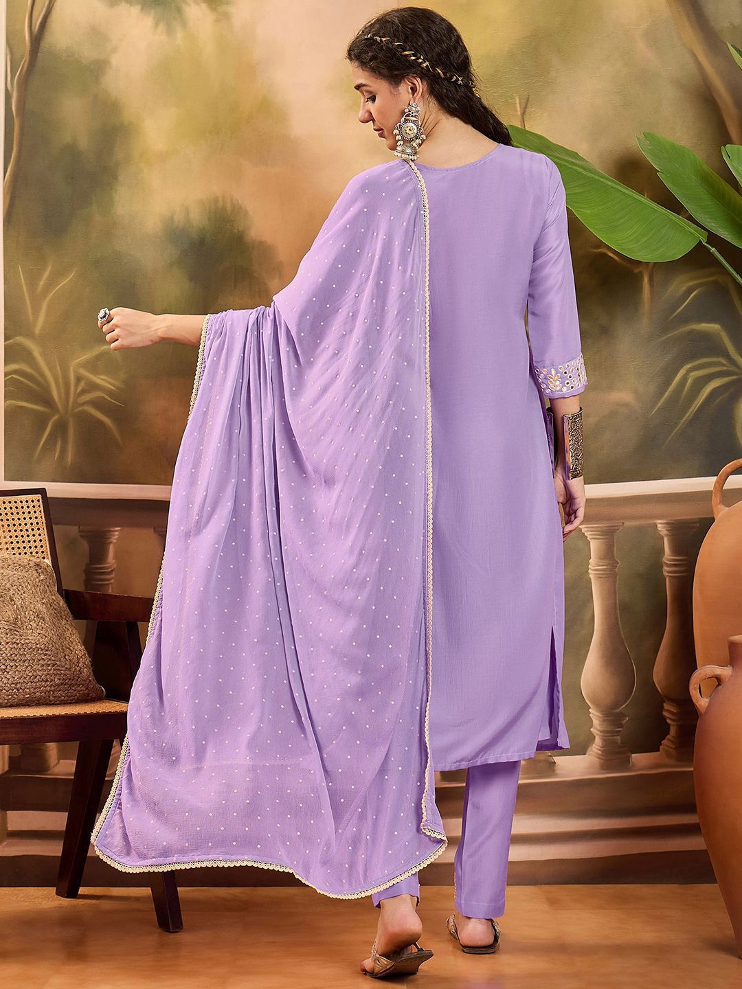 Dhiyona SN Women's Thread Embroidered With Mirror Work A-Line Kurta With Trousers & Dupatta