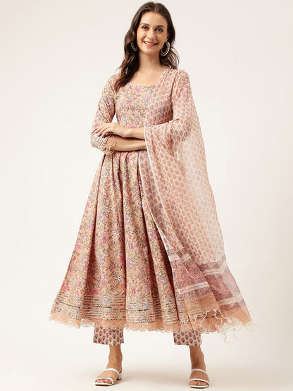 Dhiyona KL Floral Printed Gotta Patti Detail Pure Cotton Anarkali Kurta & Trouser With Dupatta