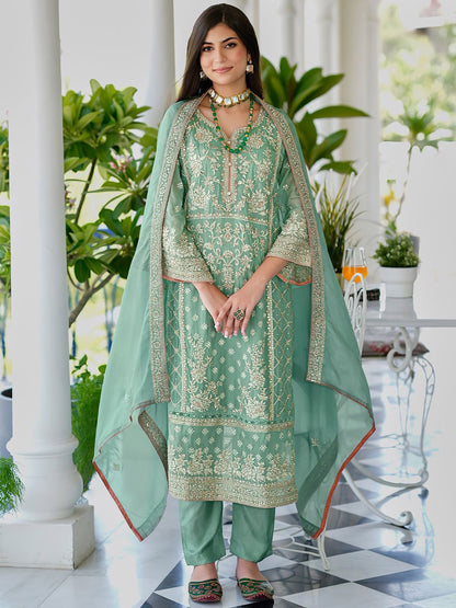 Zari Ethnic Motifs Embroidered Notch Neck Straight Republic Day Kurta With Trousers & Dupatta