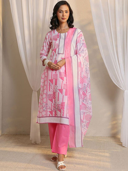 Libas Pink Geometric Printed Straight Suit Set with Dupatta