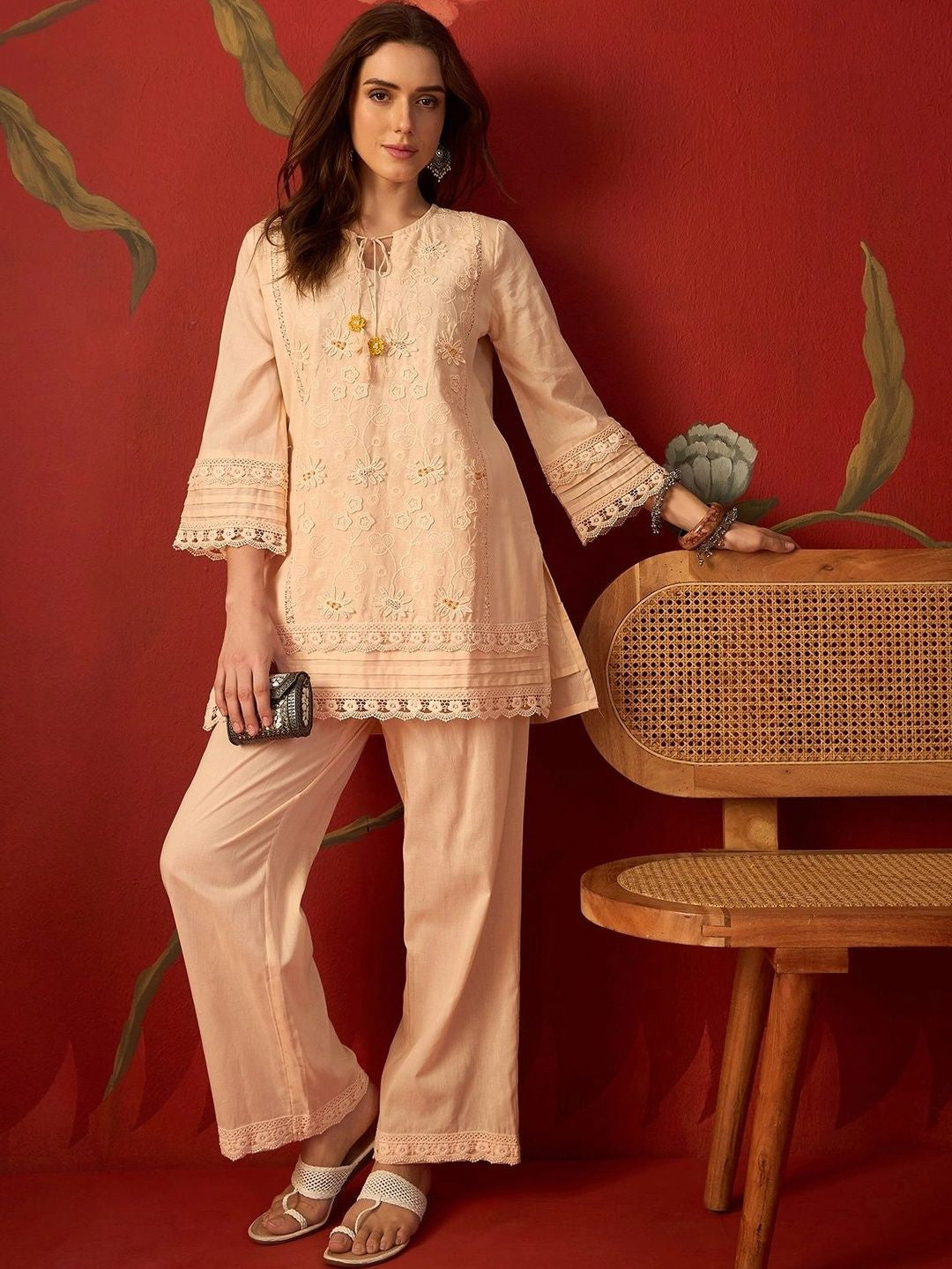Peach schiffli embroidered cotton tunic and pants