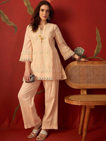 Peach schiffli embroidered cotton tunic and pants