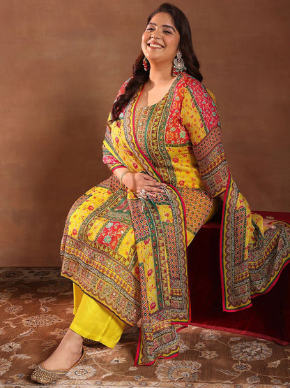 Dhiyona Women's Plus Size Ethnic Motifs Printed Kurta with Palazzos & Dupatta