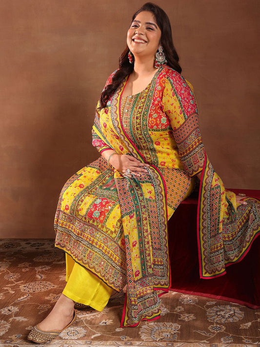 Dhiyona Women's Plus Size Ethnic Motifs Printed Kurta with Palazzos & Dupatta