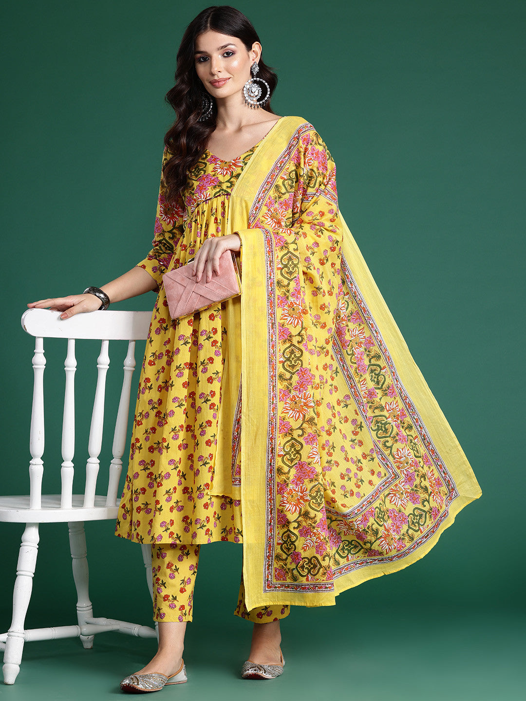 Floral Printed Empire Gotta Patti Pure Cotton Kurta With Trousers & Dupatta