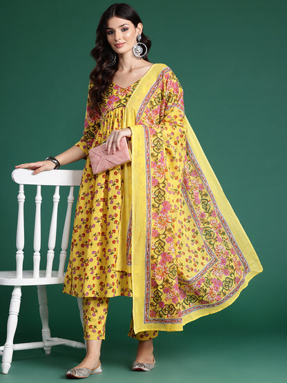 Floral Printed Empire Gotta Patti Pure Cotton Kurta With Trousers & Dupatta
