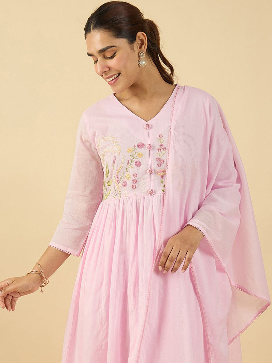 Floral Embroidered V Neck A Line Pure Cotton Kurta With Trousers & Dupatta