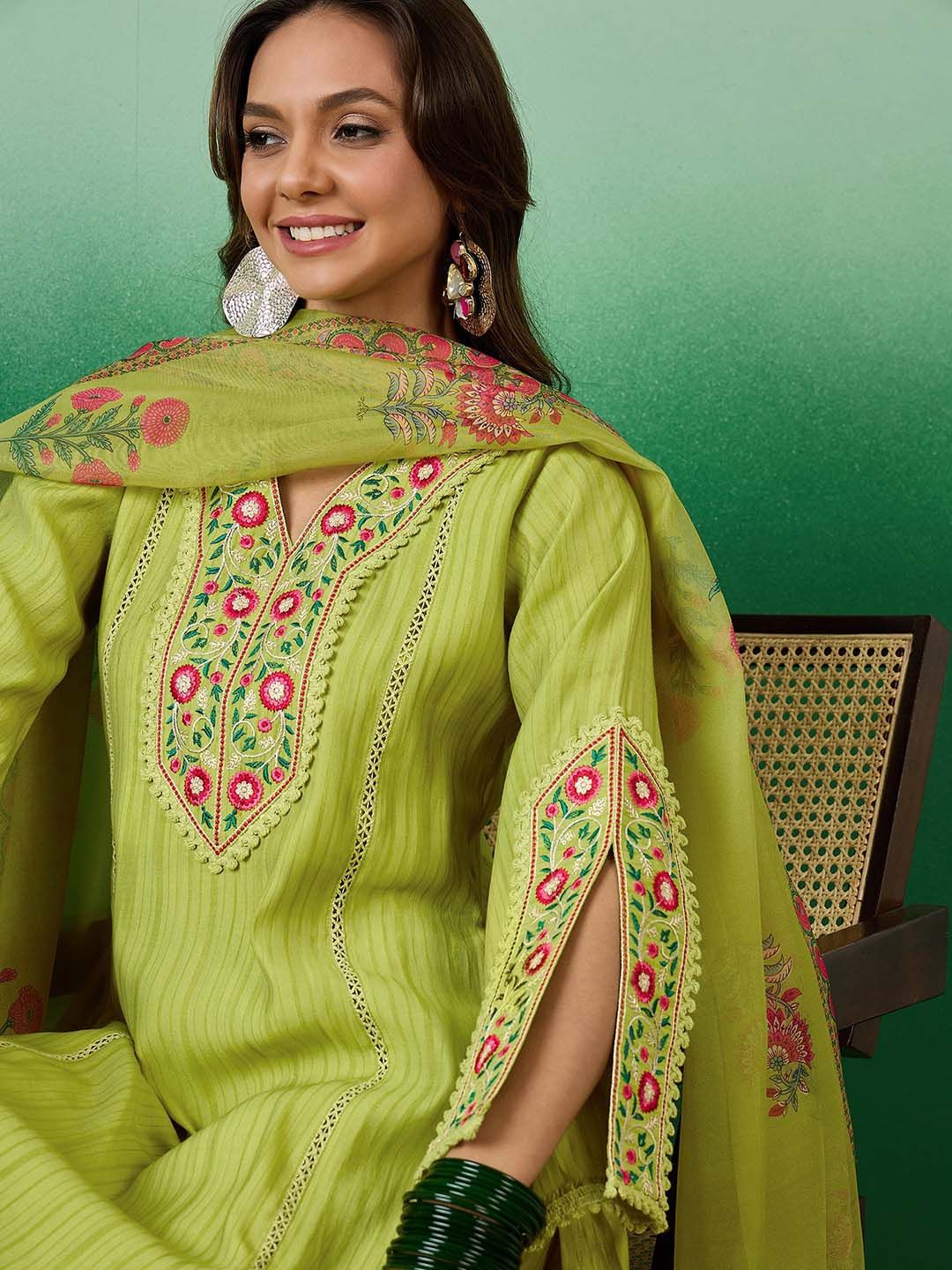 Dhiyona SN Embroidered Straight Kurta With Palazzo & Dupatta Set
