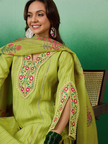 Dhiyona SN Embroidered Straight Kurta With Palazzo & Dupatta Set