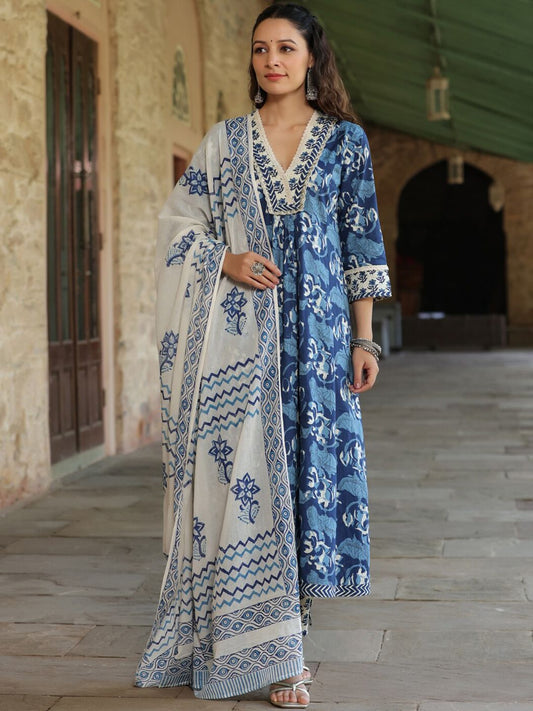 Dhiyona RR Women's Ethnic Motifs Printed Thread Work Pure Cotton Kurta with Trousers & Dupatta