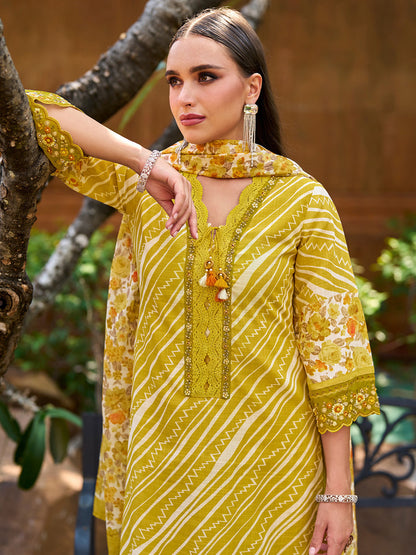 Mustard Leheriya Printed Thread Work Pure Cotton Kurta with Trousers & Dupatta