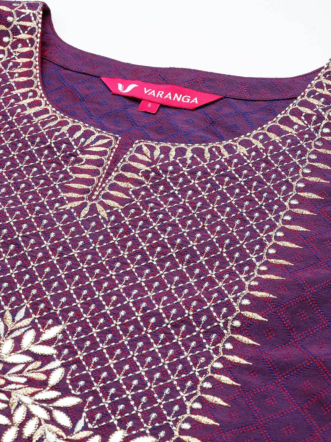 Purple Purple Geometric Woven Design Thread Work Jacquard Kurta with Trousers & Dupatta