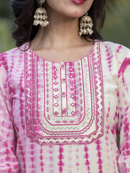 Dhiyona KL Women Pink Leheriya Printed Pure Cotton Kurta with Trouser & With Dupatta