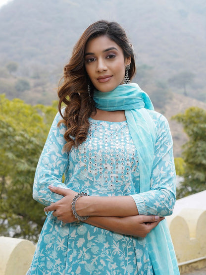 Dhiyona KL Floral Printed Regular Mirror Work Pure Cotton Kurta with Trousers & With Dupatta