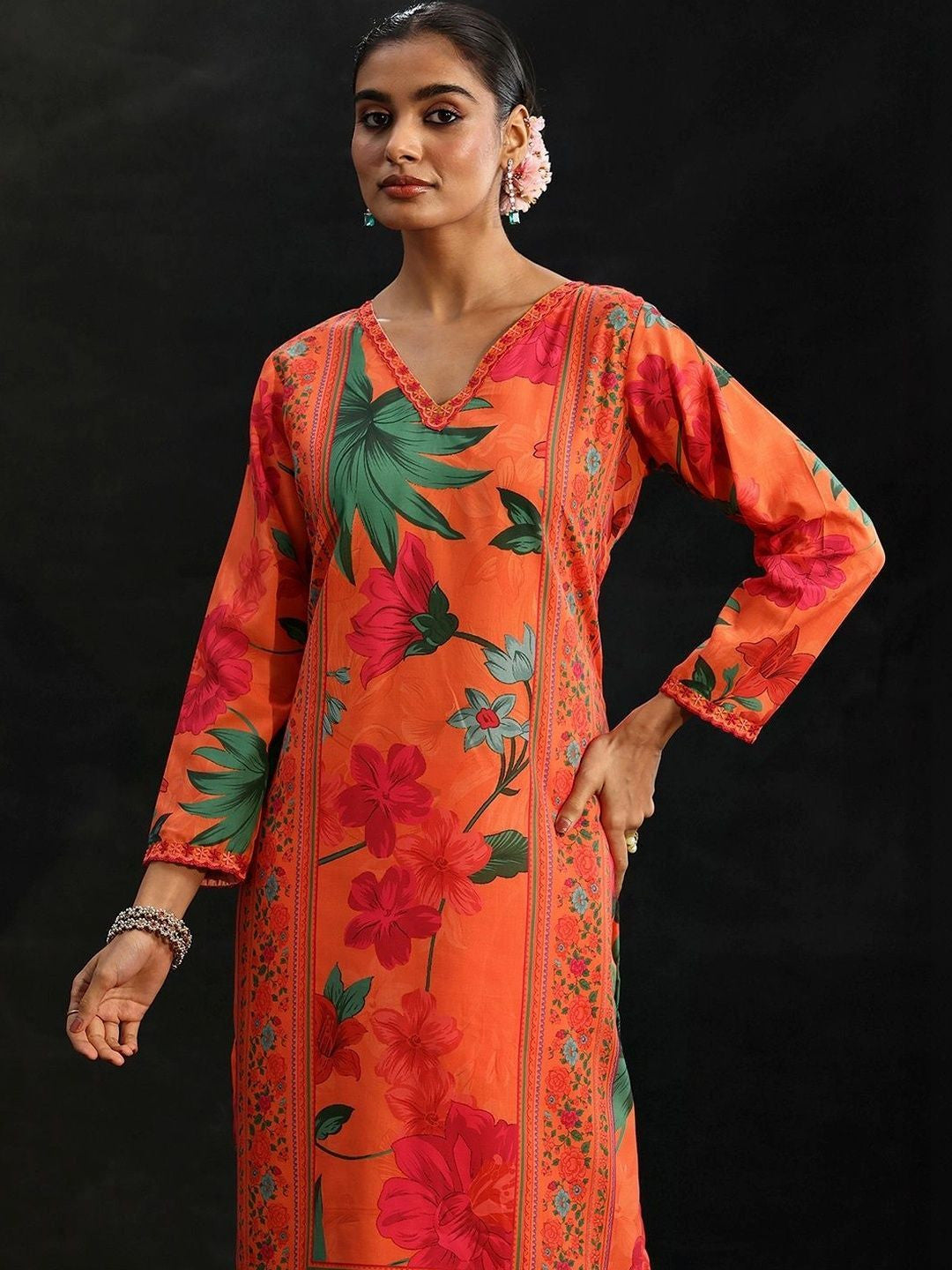 Orange Floral Printed Cotton Blend Straight Suit Set