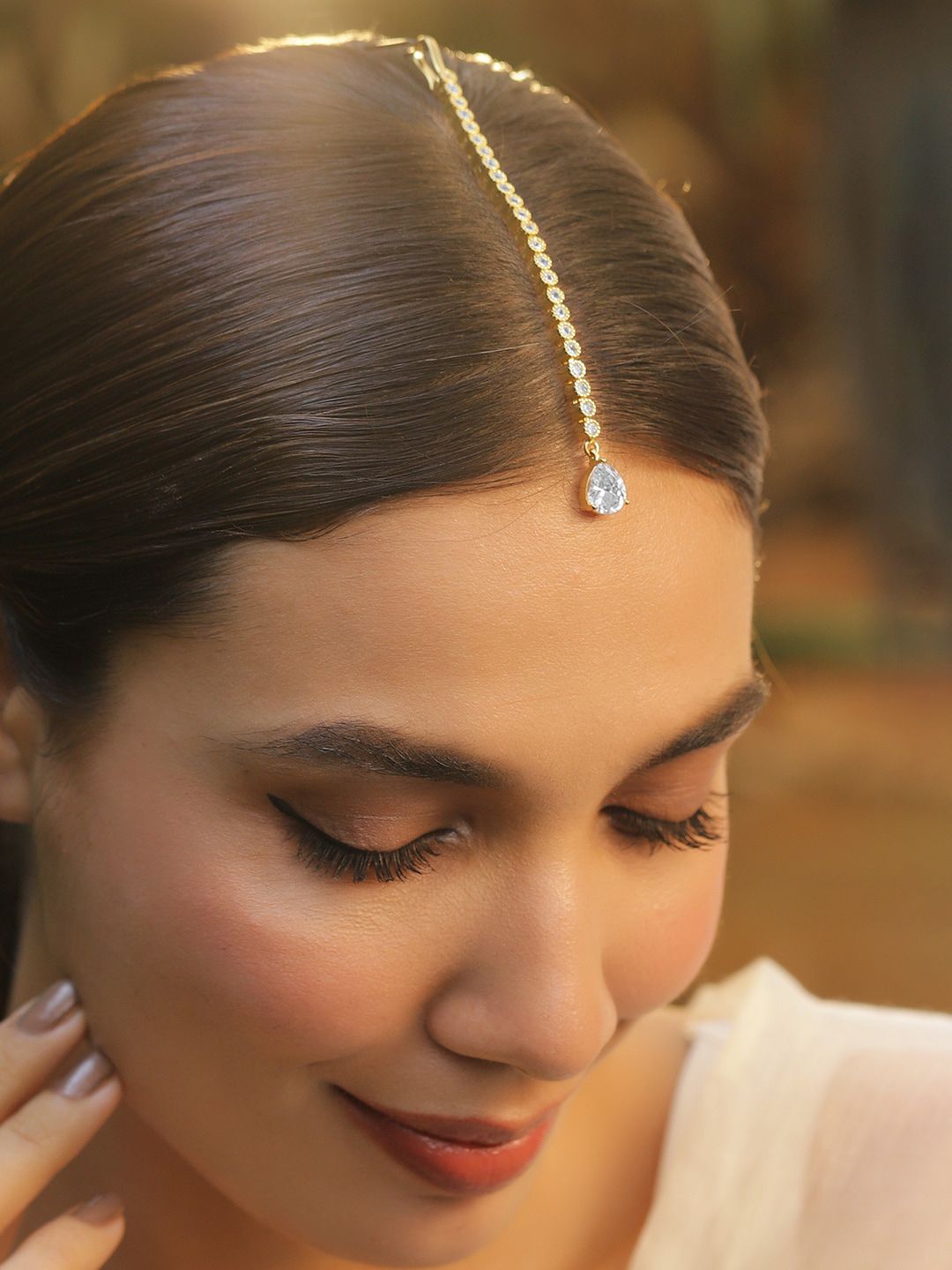 Dhiyona RJ Women's Stylish 22KT Gold Plated Cubic Zirconia Studded & AD Drop Handcrafted Maang Tikkas