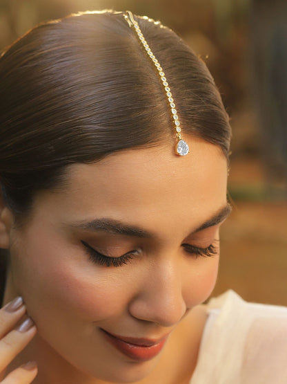 Dhiyona RJ Women's Stylish 22KT Gold Plated Cubic Zirconia Studded & AD Drop Handcrafted Maang Tikkas