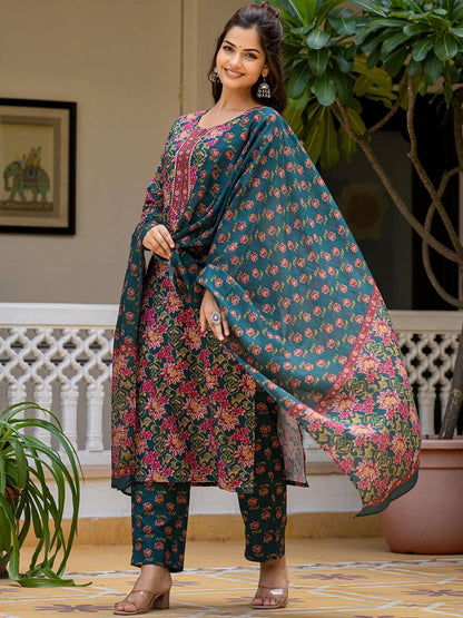 Dhiyona KL Women Floral Printed Regular Kurta with Trousers & Dupatta