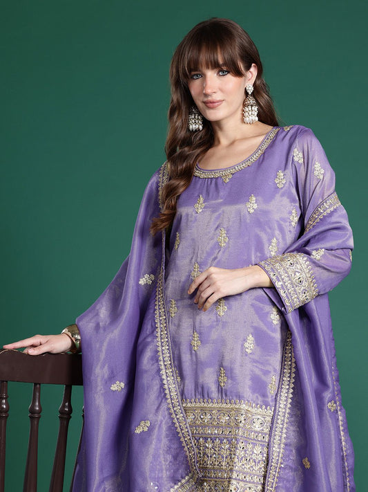 Ethnic Motifs Embroidered Sequinned Kurta With Palazzos & Dupatta