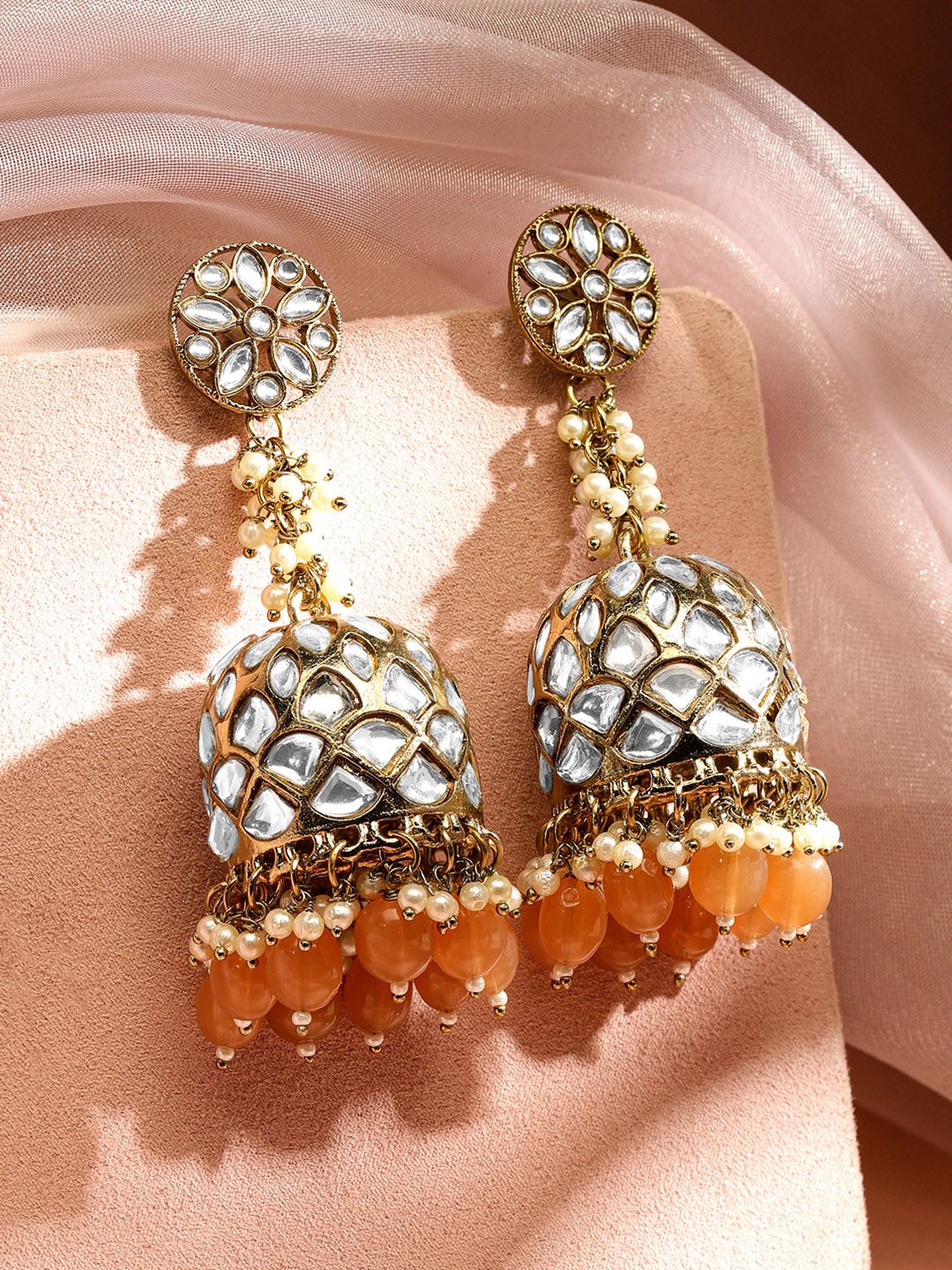 Dhiyona RJ Women's Handcrafted 22K Gold Plated Kundan Studded Dome Jhumka Earrings