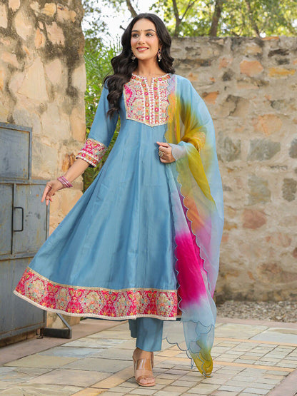 Dhiyona RR Women's Floral Embroidered Anarkali Kurta &Trousers With Dupatta