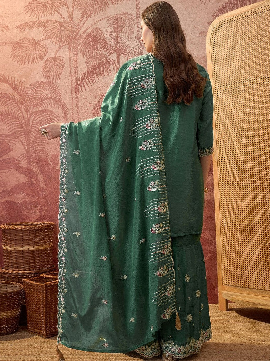Embroidered Round Neck Kurta & Sharara With Dupatta