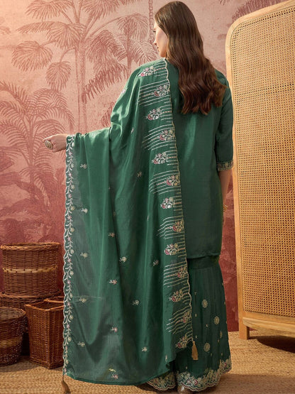 Embroidered Round Neck Kurta & Sharara With Dupatta