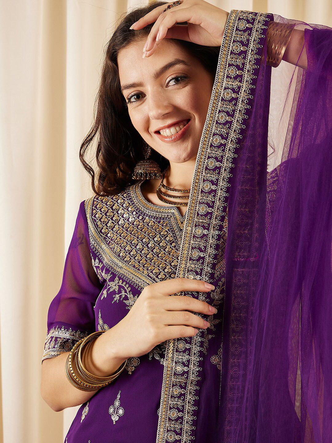 Dhiyona IN Ethnic Motifs Embroidered Regular Sequined Kurti with Sharara & Dupatta