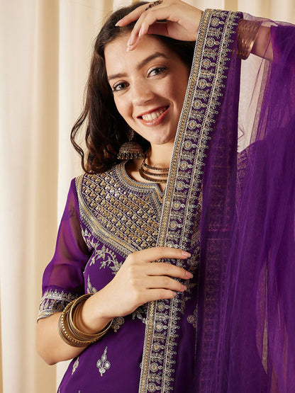 Dhiyona IN Ethnic Motifs Embroidered Regular Sequined Kurti with Sharara & Dupatta