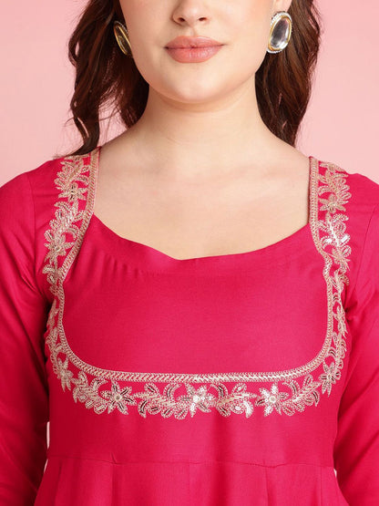 Dhiyona KL Floral Yoke Design Sequinned Anarkali Kurta With Trousers & Dupatta