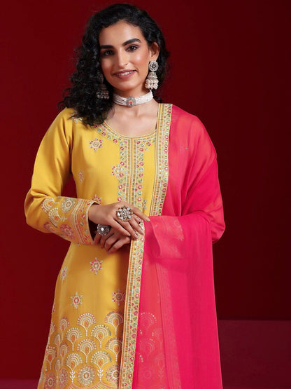 Dhiyona LL Floral Embroidered Sequinned Straight Kurta With Palazzos & Dupatta