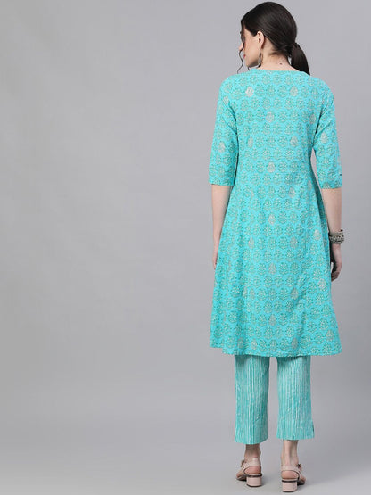 Dhiyona IS Women's Women Blue Printed Kurta with Trousers