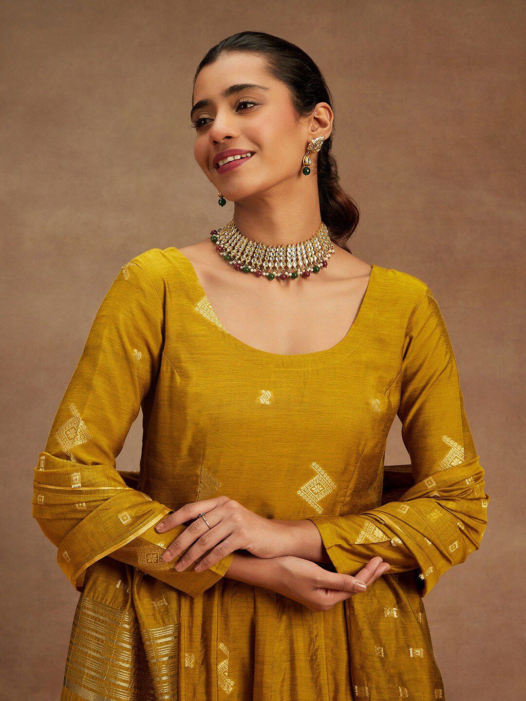 Dhiyona LL Womens Mustard Woven Design Anarkali Kurta With Palazzos & Dupatta