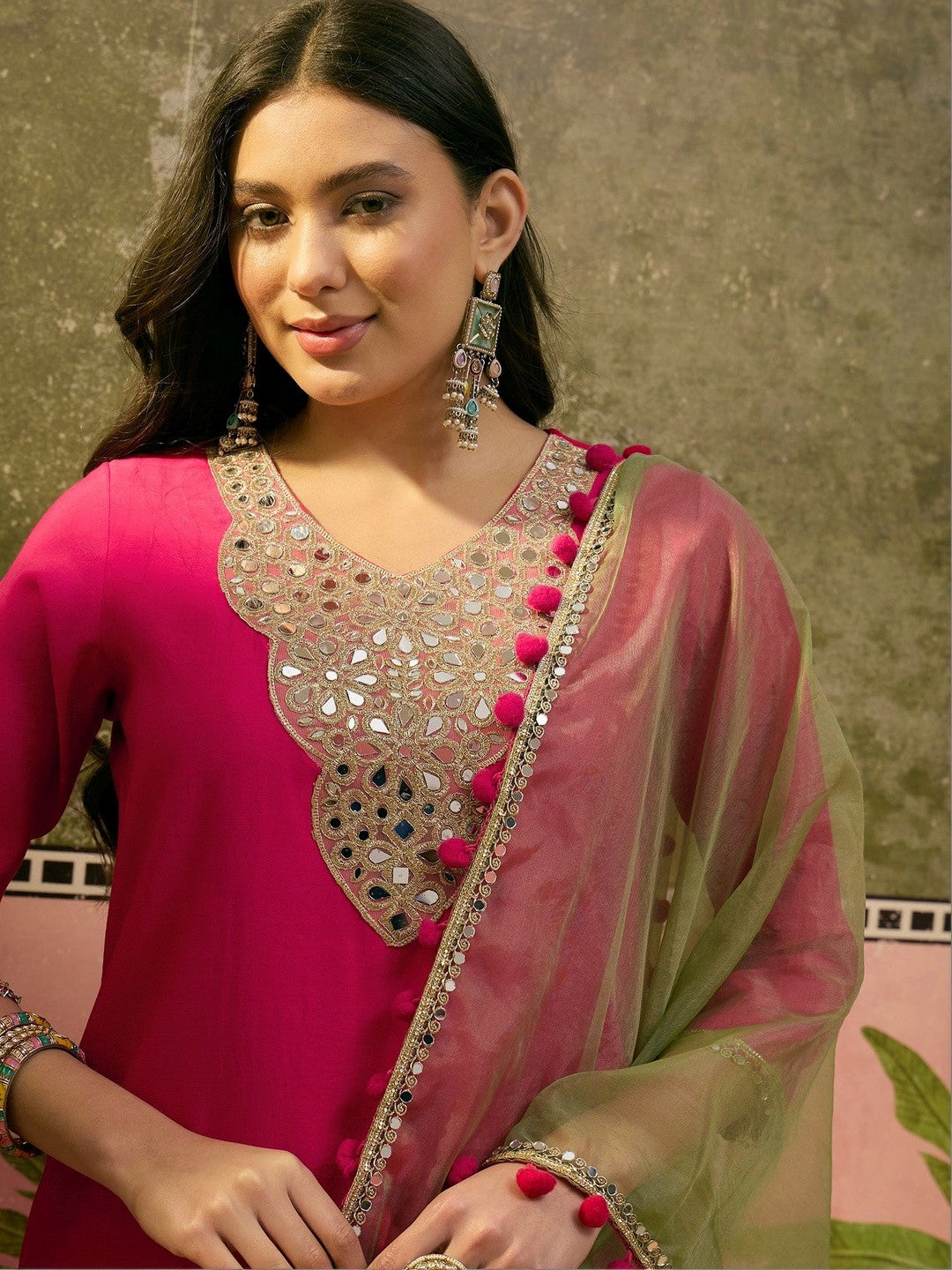 Dhiyona SN Women Regular Mirror Work Kurta with Palazzos & With Dupatta